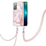 For Samsung Galaxy Note20 Electroplating Marble IMD TPU Phone Case with Lanyard(Rose Gold 005)