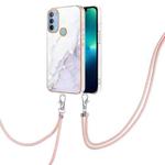 For Motorola Moto G31/G41 Electroplating Marble IMD TPU Phone Case with Lanyard(White 006)