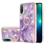 For Motorola Moto E20/E30/E40 Electroplating Marble Pattern IMD TPU Shockproof Phone Case with Ring Holder(Purple 002)