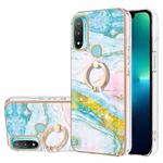 For Motorola Moto  E20 Electroplating Marble Pattern IMD TPU Shockproof Phone Case with Ring Holder(Green 004)