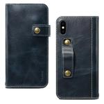 For iPhone X / XS Denior Oil Wax Cowhide DK Magnetic Button Horizontal Flip Leather Case with Holder & Card Slots & Wallet(Dark Blue)
