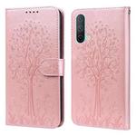 For OnePlus Nord CE 5G Tree & Deer Pattern Pressed Printing Horizontal Flip Leather Phone Case(Pink)