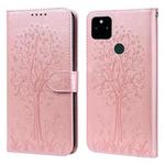 For Google Pixel 5a 5G Tree & Deer Pattern Pressed Printing Horizontal Flip Leather Phone Case(Pink)