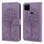 For Google Pixel 5a 5G Tree & Deer Pattern Pressed Printing Horizontal Flip Leather Phone Case(Purple)