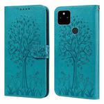 For Google Pixel 5a 5G Tree & Deer Pattern Pressed Printing Horizontal Flip Leather Phone Case(Blue)