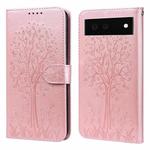 For Google Pixel 6 Tree & Deer Pattern Pressed Printing Horizontal Flip Leather Phone Case(Pink)