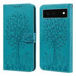 For Google Pixel 6 Tree & Deer Pattern Pressed Printing Horizontal Flip Leather Phone Case(Blue)