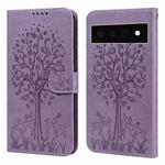 For Google Pixel 6 Pro Tree & Deer Pattern Pressed Printing Horizontal Flip Leather Phone Case(Purple)