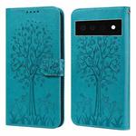 For Google Pixel 6 Pro Tree & Deer Pattern Pressed Printing Horizontal Flip Leather Phone Case(Blue)