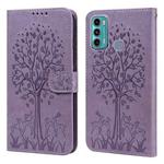 For Motorola Moto G60 Tree & Deer Pattern Pressed Printing Horizontal Flip Leather Phone Case(Purple)