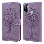 For OPPO A32 / A33 / A52 / A52s Tree & Deer Pattern Pressed Printing Horizontal Flip Leather Phone Case(Purple)