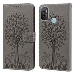 For OPPO A32 / A33 / A52 / A52s Tree & Deer Pattern Pressed Printing Horizontal Flip Leather Phone Case(Grey)