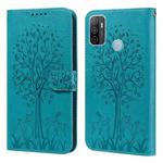 For OPPO A32 / A33 / A52 / A52s Tree & Deer Pattern Pressed Printing Horizontal Flip Leather Phone Case(Blue)