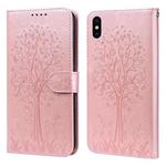 For iPhone XS Max Tree & Deer Pattern Pressed Printing Horizontal Flip Leather Phone Case(Pink)