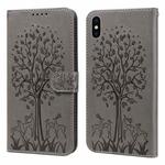 For iPhone XS Max Tree & Deer Pattern Pressed Printing Horizontal Flip Leather Phone Case(Grey)