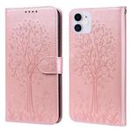 For iPhone 11 Tree & Deer Pattern Pressed Printing Horizontal Flip Leather Phone Case (Pink)