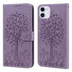 For iPhone 11 Tree & Deer Pattern Pressed Printing Horizontal Flip Leather Phone Case (Purple)
