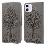 For iPhone 11 Tree & Deer Pattern Pressed Printing Horizontal Flip Leather Phone Case (Grey)