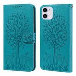 For iPhone 11 Tree & Deer Pattern Pressed Printing Horizontal Flip Leather Phone Case (Blue)