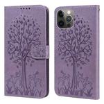 For iPhone 11 Pro Tree & Deer Pattern Pressed Printing Horizontal Flip Leather Phone Case (Purple)