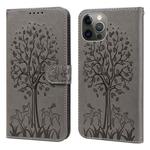 For iPhone 11 Pro Max Tree & Deer Pattern Pressed Printing Horizontal Flip Leather Phone Case (Grey)