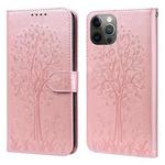 For iPhone 12 / 12 Pro Tree & Deer Pattern Pressed Printing Horizontal Flip Leather Phone Case(Pink)