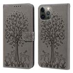 For iPhone 12 / 12 Pro Tree & Deer Pattern Pressed Printing Horizontal Flip Leather Phone Case(Grey)