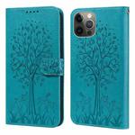 For iPhone 12 / 12 Pro Tree & Deer Pattern Pressed Printing Horizontal Flip Leather Phone Case(Blue)