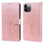 For iPhone 13 Pro Max Tree & Deer Pattern Pressed Printing Horizontal Flip Leather Phone Case For iPhone 12 Pro Max / 13 Pro Max(Pink)