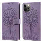 For iPhone 13 Pro Tree & Deer Pattern Pressed Printing Horizontal Flip Leather Phone Case (Purple)