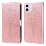For iPhone 13 Tree & Deer Pattern Pressed Printing Horizontal Flip Leather Phone Case(Pink)