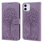 For iPhone 13 Tree & Deer Pattern Pressed Printing Horizontal Flip Leather Phone Case(Purple)