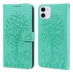 For iPhone 13 Tree & Deer Pattern Pressed Printing Horizontal Flip Leather Phone Case(Green)