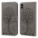 For iPhone X / XS Tree & Deer Pattern Pressed Printing Horizontal Flip Leather Phone Case(Grey)