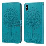For iPhone X / XS Tree & Deer Pattern Pressed Printing Horizontal Flip Leather Phone Case(Blue)