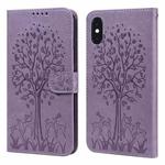 For iPhone XR Tree & Deer Pattern Pressed Printing Horizontal Flip Leather Phone Case(Purple)