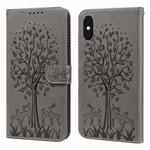 For iPhone XR Tree & Deer Pattern Pressed Printing Horizontal Flip Leather Phone Case(Grey)