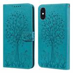 For iPhone XR Tree & Deer Pattern Pressed Printing Horizontal Flip Leather Phone Case(Blue)