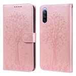 For Sony Xperia 10 III Tree & Deer Pattern Pressed Flip Leather Phone Case(Pink)