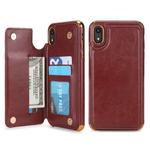 For iPhone XR POLA TPU + PC Plating Full Coverage Protective Case with Holder & Card Slots & Photo Frame(Brown)