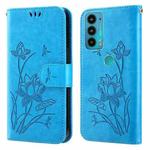 For Motorola Moto E20 / E30 / E40 Lotus Embossed Leather Phone Case(Blue)