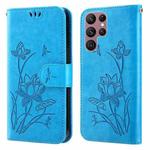 For Samsung Galaxy S22 Ultra 5G Lotus Embossed Leather Phone Case(Blue)