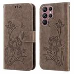 For Samsung Galaxy S22 Ultra 5G Lotus Embossed Leather Phone Case(Grey)