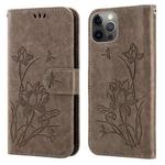 Lotus Embossed Leather Phone Case For iPhone 12 / 12 Pro(Grey)