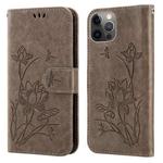 Lotus Embossed Leather Phone Case For iPhone 13 Pro(Grey)