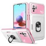 For Xiaomi Redmi Note 10 4G Card Ring Holder PC + TPU Phone Case(White+Pink)