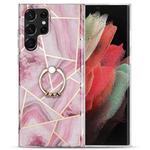 For Samsung Galaxy S22 Ultra 5G Electroplating IMD Marble TPU Phone Case with Ring(Rose Red)