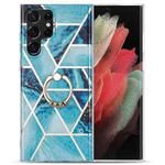 For Samsung Galaxy S21 Ultra 5G Electroplating IMD Marble TPU Phone Case with Ring(Blue)