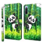 For Sony Xperia 10 III 3D Painting Pattern TPU + PU Leather Phone Case(Panda Climbing Bamboo)