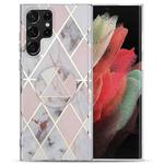 For Samsung Galaxy S22 Ultra 5G IMD Marble TPU Phone Case with Folding Holder(Light Pink Grey)
